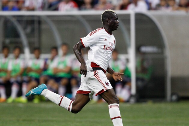 Milan forward Mario Balotelli (45) during a soccer match at NRG Stadium Wednesday, Aug.6, 2014 in Houston. (AP Photo/Bob Levey)