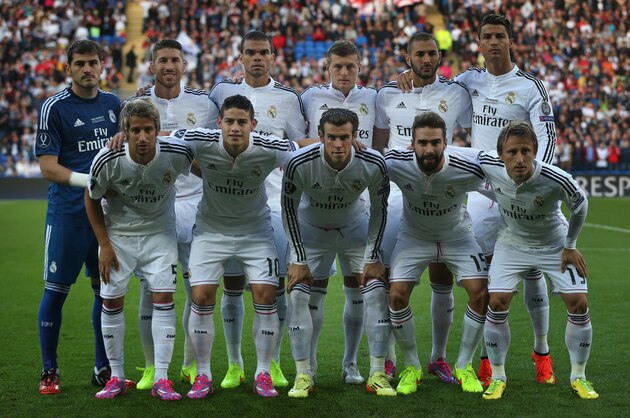 CARDIFF, WALES - AUGUST 12:  Real Madrid pose for a group photograph during the UEFA Super Cup match between  Real Madrid and Sevilla at Cardiff City Stadium on August 12, 2014 Cardiff, Wales. (Photo by Ian MacNicol/Getty Images)