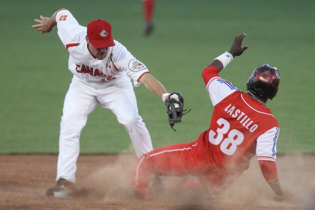 Cuba's Rusney Castillo, right, is tagged out by Canada's second base Shawn Bowman  during the first inning of a baseball match at the Pan American Games in Lagos de Moreno, Mexico, Thursday Oct. 20, 2011. (AP Photo/Javier Galeano)