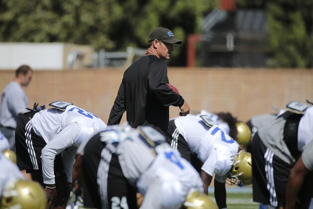 UCLA coach Jim Mora walks among his players during NCAA college football practice Wednesday, Aug. 20, 2014, in Los Angeles. (AP Photo/Jae C. Hong)