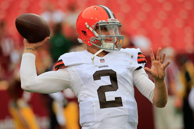 LANDOVER, MD - AUGUST 18:  Quarterback Johnny Manziel #2 of the Cleveland Browns warms up during a preseason game between the Browns and Washington Redskins at FedExField on August 18, 2014 in Landover, Maryland.  (Photo by Rob Carr/Getty Images)