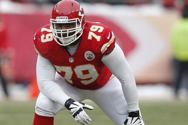 FILE - In this Dec. 22, 2013, file photo, Kansas City Chiefs tackle Donald Stephenson (79) waits for a play to start during the second half of an NFL football game against the Indianapolis Colts at Arrowhead Stadium in Kansas City, Mo. There’s hardly an NFL offseason anymore, but dozens of players are taking it to an extreme, choosing to hit one of several NFL academies rather than head to the beach of visit home during their rare weeks off. (AP Photo/Ed Zurga, File)