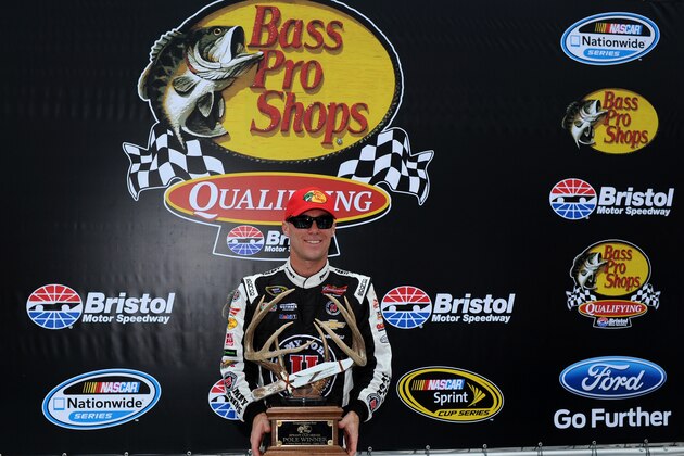 BRISTOL, TN - AUGUST 22: Kevin Harvick, driver of the #4 Jimmy John's Chevrolet, poses with the pole award after qualifying fastest for the NASCAR Sprint Cup Series Irwin Tools Night Race at Bristol Motor Speedway on August 22, 2014 in Bristol, Tennessee. (Photo by Rainier Ehrhardt/Getty Images) BRISTOL, TN - AUGUST 22: Kevin Harvick, driver of the #4 Jimmy John's Chevrolet, poses with the pole award after qualifying fastest for the NASCAR Sprint Cup Series Irwin Tools Night Race at Bristol Motor Speedway on August 22, 2014 in Bristol, Tennessee. (Photo by Rainier Ehrhardt/Getty Images)