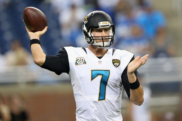 DETROIT, MI - AUGUST 22: Chad Henne #7 of the Jacksonville Jaguars looks to throw a first quarter pass against the Detroit Lions during a preseason game at Ford Field on August 22, 2014 in Detroit, Michigan. (Photo by Leon Halip/Getty Images)