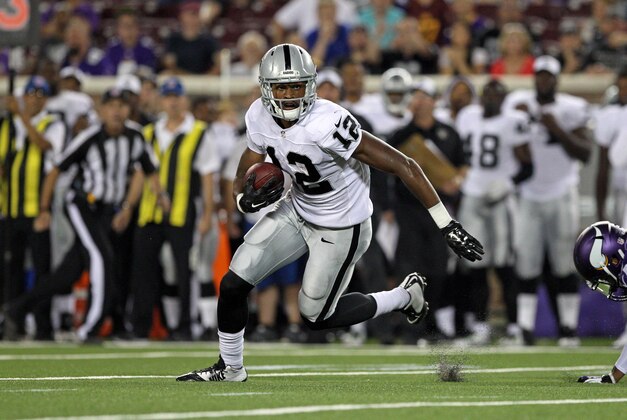 Aug 8, 2014; Minneapolis, MN, USA; Oakland Raiders wide receiver Brice Butler (12) carries the ball during the fourth quarter against the Minnesota Vikings at TCF Bank Stadium. The Vikings defeated the Raiders 10-6. Mandatory Credit: Brace Hemmelgarn-USA TODAY Sports Aug 8, 2014; Minneapolis, MN, USA; Oakland Raiders wide receiver Brice Butler (12) carries the ball during the fourth quarter against the Minnesota Vikings at TCF Bank Stadium. The Vikings defeated the Raiders 10-6. Mandatory Credit: Brace Hemmelgarn-USA TODAY Sports