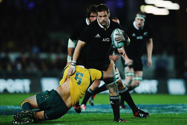 AUCKLAND, NEW ZEALAND - AUGUST 23: Richie McCaw of the All Blacks charges forward during The Rugby Championship match between the New Zealand All Blacks and the Australian Wallabies at Eden Park on August 23, 2014 in Auckland, New Zealand.  (Photo by Hannah Peters/Getty Images)