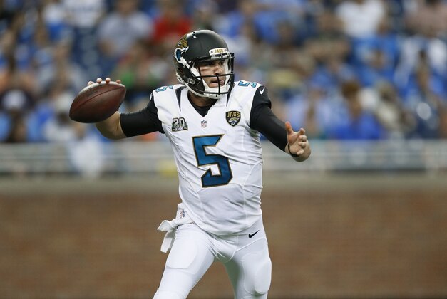 Jacksonville Jaguars quarterback Blake Bortles throws against the Detroit Lions in the second half of a preseason NFL football game at Ford Field in Detroit, Friday, Aug. 22, 2014. (AP Photo/Rick Osentoski)