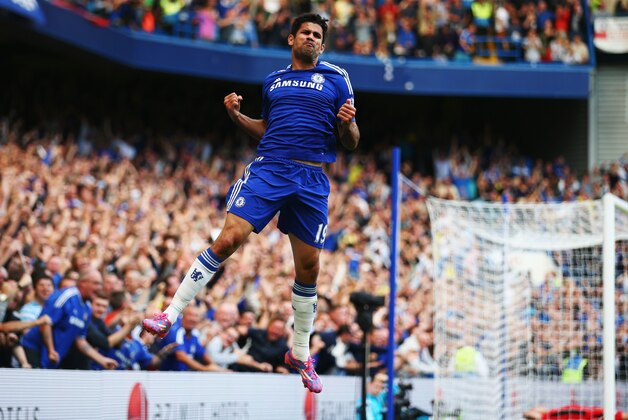 LONDON, ENGLAND - AUGUST 23:  Diego Costa of Chelsea celebrates as he scores their first goal during the Barclays Premier League match between Chelsea and Leicester City at Stamford Bridge on August 23, 2014 in London, England.  (Photo by Paul Gilham/Getty Images)