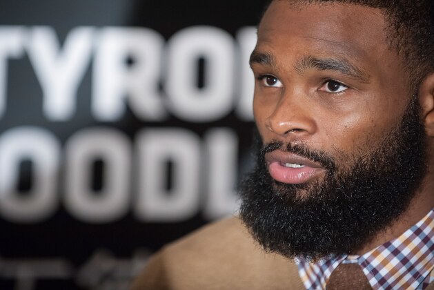 HONG KONG - AUGUST 20:  UFC welterweight fighter Tyron Woodley at the Macao UFC Fight Night Press Conference at the Four Season Hotel on August 20, 2014 in Hong Kong.  (Photo by Anthony Kwan/Getty Images)