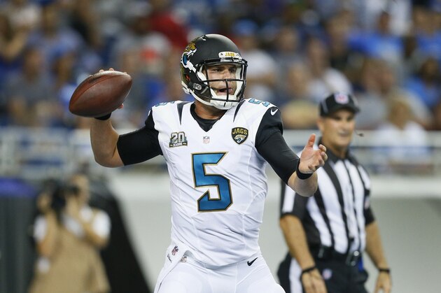 Jacksonville Jaguars quarterback Blake Bortles throws against the Detroit Lions in the second half of a preseason NFL football game at Ford Field in Detroit, Friday, Aug. 22, 2014. (AP Photo/Rick Osentoski)