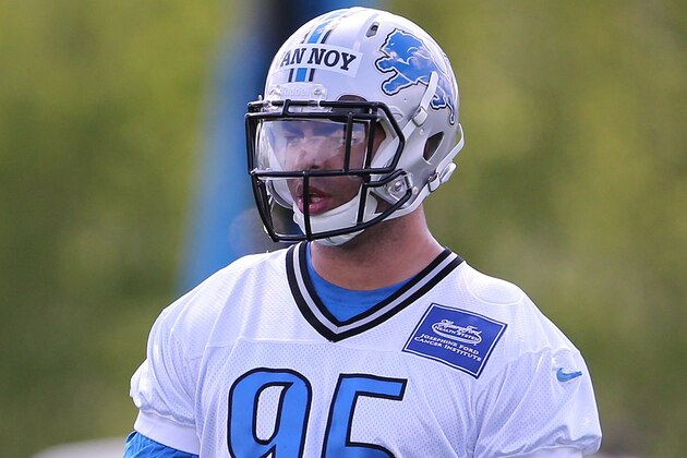 ALLEN PARK, MI - MAY 17: Kyle Van Noy #95 of the Detroit Lions watches the drills during the Rookie Minicamp on May 17, 2014 in Allen Park, Michigan.  (Photo by Leon Halip/Getty Images)