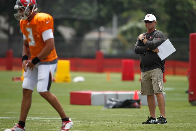 Jul 28, 2014; Tampa, FL, USA; Tampa Bay Buccaneers offensive coordinator Jeff Tedford  looks on during training camp at One Buc Place. Mandatory Credit: Kim Klement-USA TODAY Sports