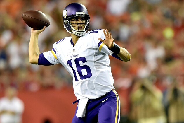 KANSAS CITY, MO - AUGUST 23: Matt Cassel #16 of the Minnesota Vikings looks to pass agianst the Kansas City Chiefs defense at Arrowhead Stadium on August 23, 2014 in Kansas City, Missouri.  (Photo by Peter Aiken/Getty Images)