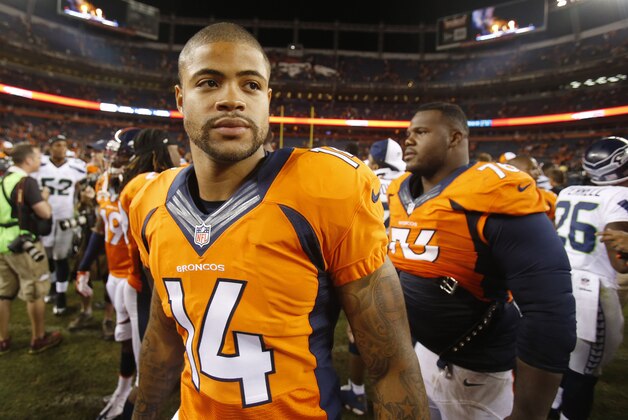 Aug 7, 2014; Denver, CO, USA; Denver Broncos wide receiver Cody Latimer (14) after the game against the Seattle Seahawks at Sports Authority Field at Mile High. The Broncos won 21-16. Mandatory Credit: Chris Humphreys-USA TODAY Sports