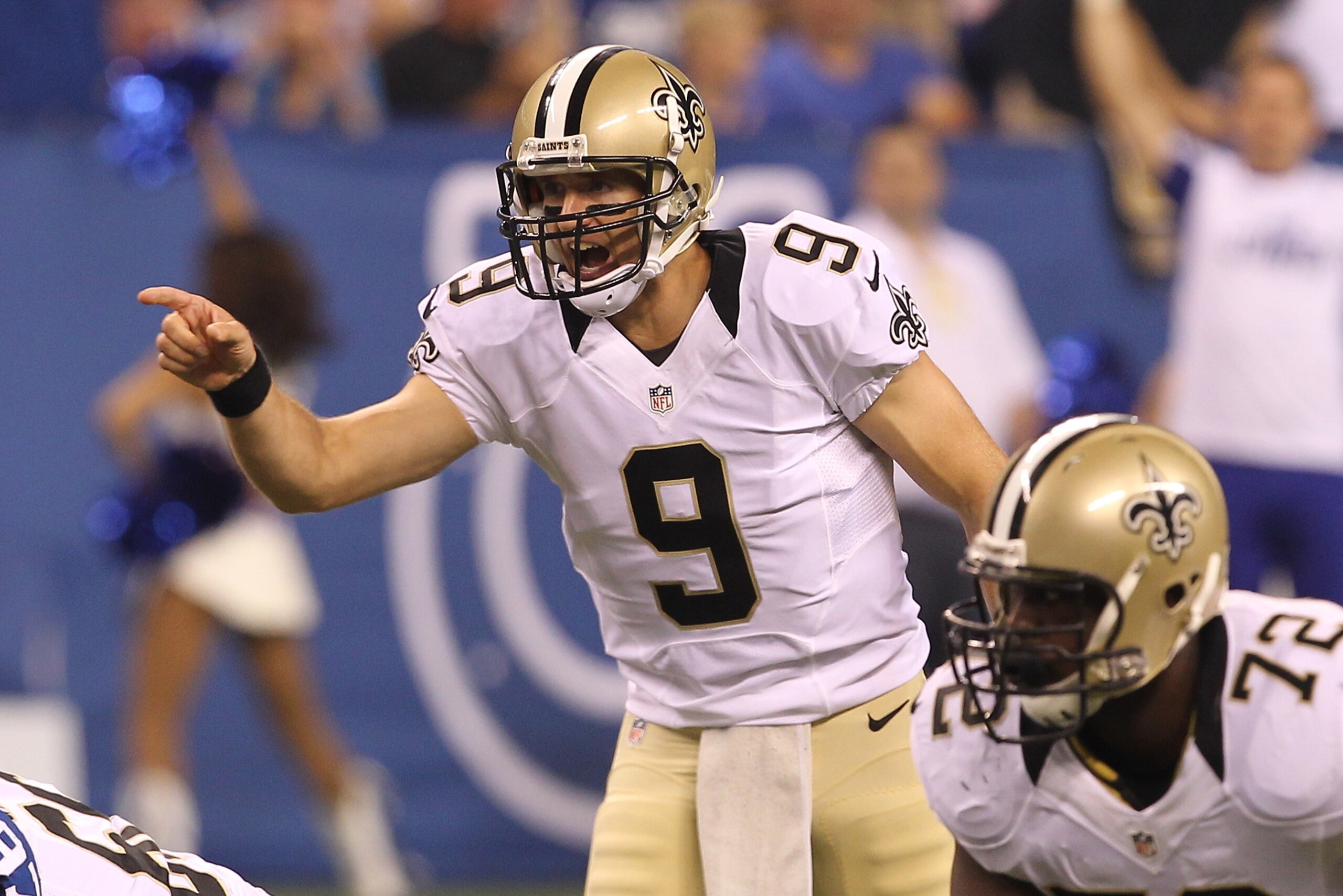 Aug 23, 2014; Indianapolis, IN, USA; New Orleans Saints quarterback Drew Brees (9) during the first quarter against the Indianapolis Colts at Lucas Oil Stadium. Mandatory Credit: Pat Lovell-USA TODAY Sports Aug 23, 2014; Indianapolis, IN, USA; New Orleans Saints quarterback Drew Brees (9) during the first quarter against the Indianapolis Colts at Lucas Oil Stadium. Mandatory Credit: Pat Lovell-USA TODAY Sports