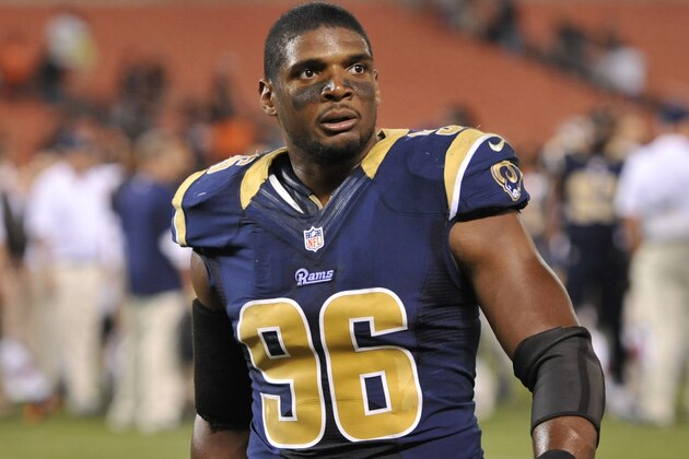 St. Louis Rams defensive end Michael Sam (96) walks on the field against the Cleveland Browns during a preseason NFL football game Saturday, August 23, in Cleveland. St. Louis won 33-14. (AP Photo/David Richard)