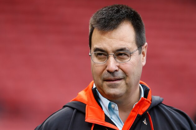BOSTON, MA - APRIL 18: Dan Duquette, general manager of the Baltimore Orioles, watches batting practice before a game with the Boston Red Sox at Fenway Park on April 18, 2014 in Boston, Massachusetts.  (Photo by Jim Rogash/Getty Images)