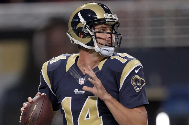St. Louis Rams quarterback Shaun Hill drops back to pass during the third quarter of an NFL preseason football game against the Green Bay Packers Saturday, Aug. 16, 2014, in St. Louis. (AP Photo/Tom Gannam)