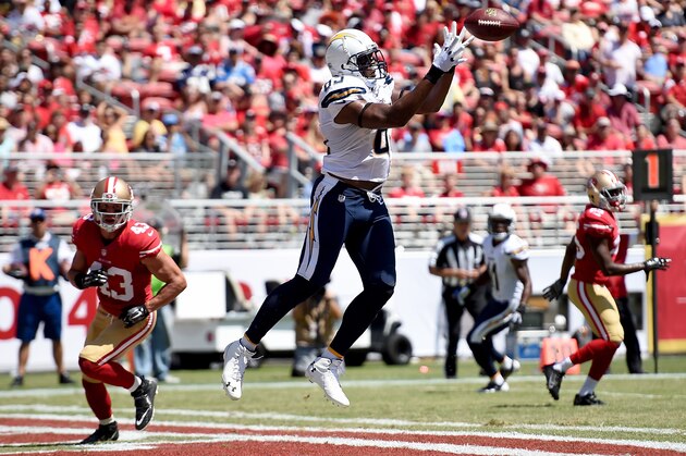 SANTA CLARA, CA - AUGUST 24:  Tight end Antonio Gates #85 of the San Diego Chargers catches a touchdown during the first quarter of their preseason game against the San Francisco 49ers at Levi's Stadium on August 24, 2014 in Santa Clara, California.  (Photo by Thearon W. Henderson/Getty Images)