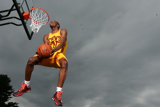 TARRYTOWN, NY - AUGUST 3: Andrew Wiggins #21 of the Cleveland Cavaliers poses for a portrait during the 2014 NBA rookie photo shoot on August 3, 2014 at the Madison Square Garden Training Facility in Tarrytown, New York. NOTE TO USER: User expressly acknowledges and agrees that, by downloading and or using this photograph, User is consenting to the terms and conditions of the Getty Images License Agreement. Mandatory Copyright Notice: Copyright 2014 NBAE (Photo by Nathaniel S. Butler/NBAE via Getty Images)