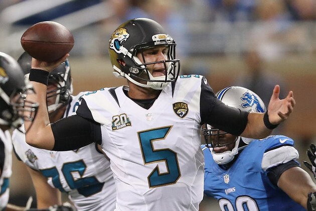 DETROIT, MI - AUGUST 22: Blake Bortles #5 of the Jacksonville Jaguars looks to throw a second quarter pass against the Detroit Lions during a preseason game at Ford Field on August 22, 2014 in Detroit, Michigan. (Photo by Leon Halip/Getty Images)