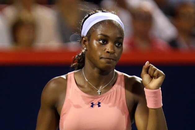 Aug 4, 2014; Montreal, Quebec, Canada; Sloane Stephens (USA) reacts as she won against Aleksandra Wozniak (CAN) on day one of the Rogers Cup tennis tournament at Uniprix Stadium. Mandatory Credit: Jean-Yves Ahern-USA TODAY Sports