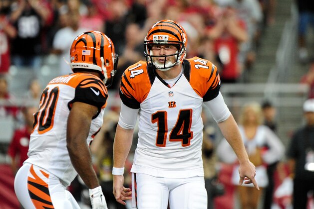 Aug 24, 2014; Glendale, AZ, USA; Cincinnati Bengals quarterback Andy Dalton (14) talks to running back Cedric Peerman (30) prior to the snap during the first half against the Arizona Cardinals at University of Phoenix Stadium. Mandatory Credit: Matt Kartozian-USA TODAY Sports