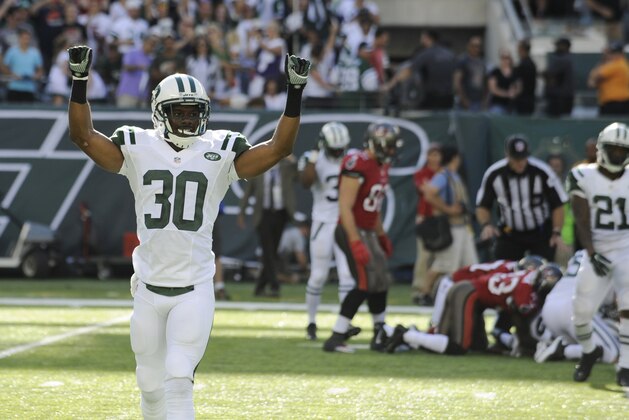 New York Jets cornerback Darrin Walls (30) reacts after the Jets beat the Tampa Bay Buccaneers 17-17 during an NFL football game, Sunday, Sept. 8, 2013, in East Rutherford, N.J. (AP Photo/Bill Kostroun)