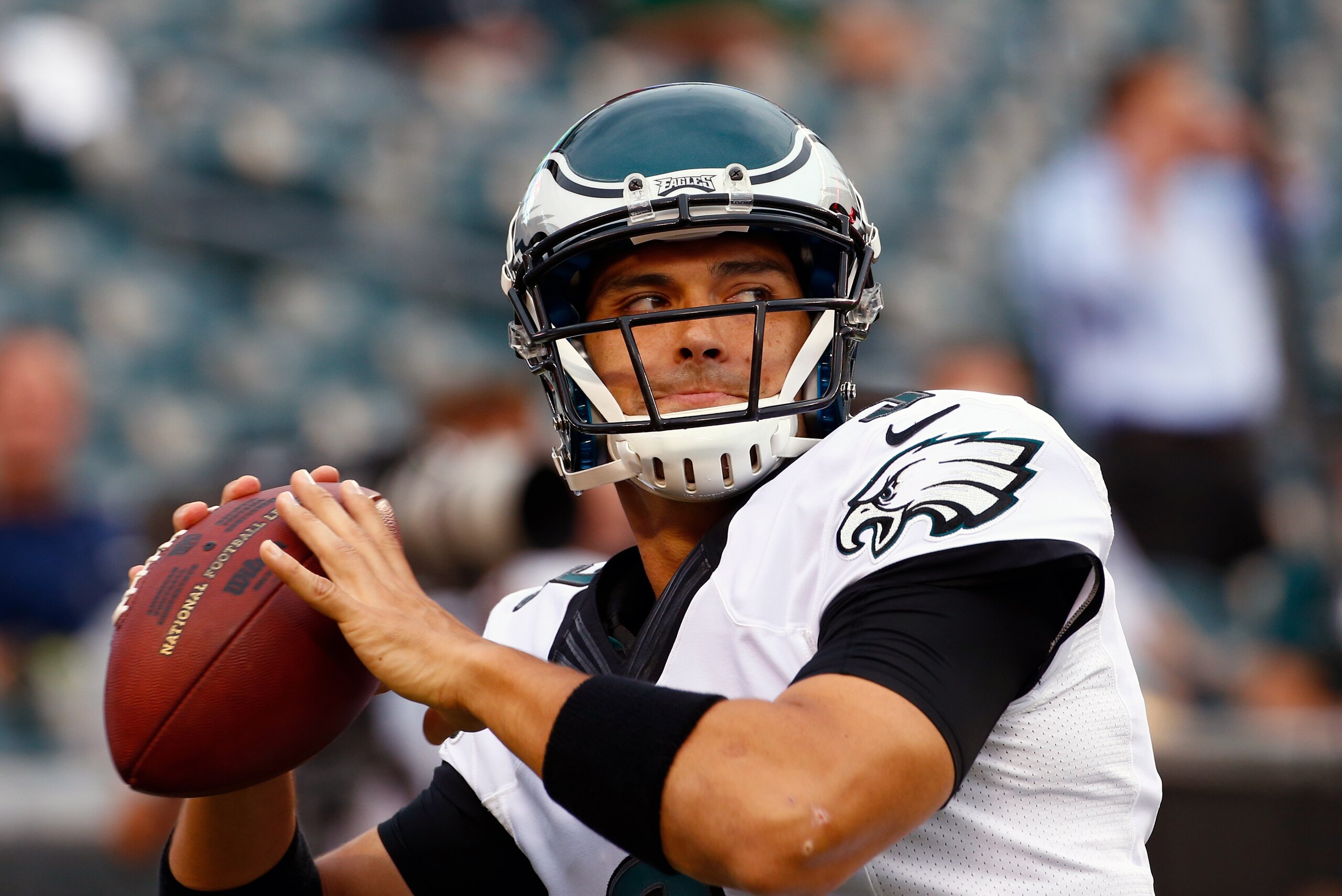 Philadelphia Eagles' Mark Sanchez warms up before an NFL preseason football game against the Pittsburgh Steelers, Thursday, Aug. 21, 2014, in Philadelphia. (AP Photo/Matt Rourke) Philadelphia Eagles' Mark Sanchez warms up before an NFL preseason football game against the Pittsburgh Steelers, Thursday, Aug. 21, 2014, in Philadelphia. (AP Photo/Matt Rourke)
