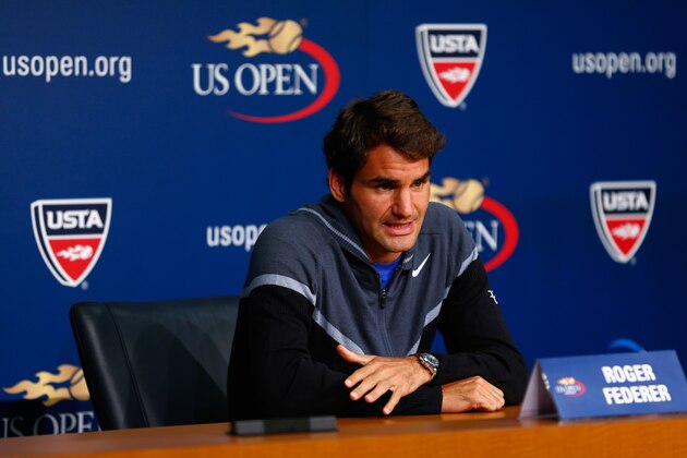 NEW YORK, NY - AUGUST 23:  Roger Federer of Switzerland talks to the media during previews for the US Open tennis at USTA Billie Jean King National Tennis Center on August 23, 2014 in New York City.  (Photo by Julian Finney/Getty Images)