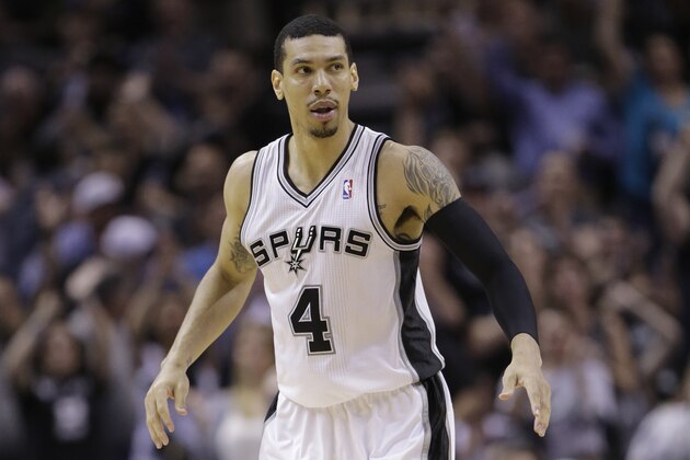 San Antonio Spurs' Danny Green (4) during the first half of Game 2 of a Western Conference semifinal NBA basketball playoff series against the Portland Trail Blazers, Thursday, May 8, 2014, in San Antonio.  (AP Photo/Eric Gay)