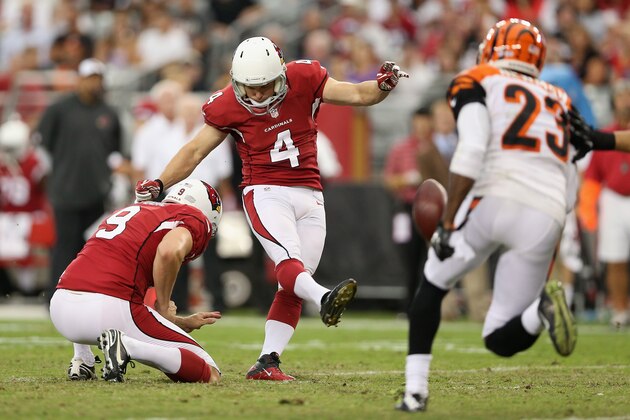 GLENDALE, AZ - AUGUST 24: Kicker Jay Feely #4 of the Arizona Cardinals kicks a field goal in the second quarter of a preseason NFL game against the Cincinnati Bengals at the University of Phoenix Stadium on August 24, 2014 in Glendale, Arizona.  (Photo by Christian Petersen/Getty Images)