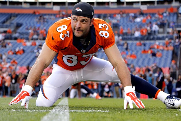 Denver Broncos wide receiver Wes Welker (83) stretches prior to an NFL preseason football game against the Houston Texans, Saturday, Aug. 23, 2014, in Denver. (AP Photo/Jack Dempsey)