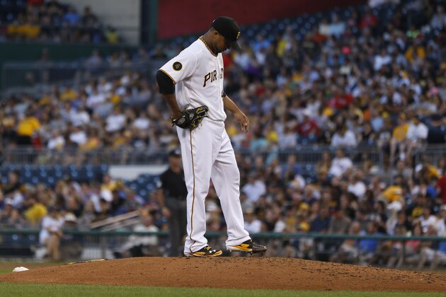 Pittsburgh Pirates starting pitcher Francisco Liriano kicks at the dirt after giving up a hit to Atlanta Braves' B.J. Upton in the fifth inning of the baseball game on Tuesday, Aug. 19, 2014, in Pittsburgh. (AP Photo/Keith Srakocic)