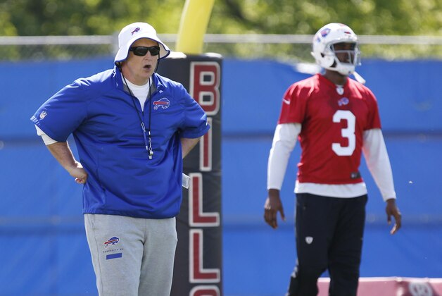 May 28, 2014; Buffalo, NY, USA; Buffalo Bills head coach Doug Marrone and quarterback EJ Manuel (3) watch play during organized team activities at Ralph Wilson Stadium. Mandatory Credit: Kevin Hoffman-USA TODAY Sports