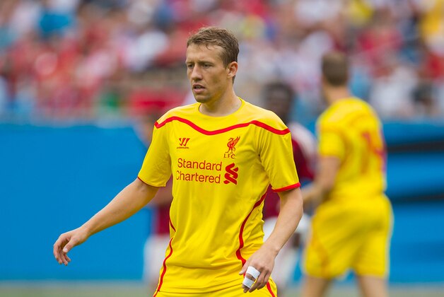 CHARLOTTE, NC - AUGUST 02: Lucas Leiva #21 of Liverpool on defense during first half action against A.C. Milan in the Guinness International Champions Cup at Bank of America Stadium on August 2, 2014 in Charlotte, North Carolina. Liverpool defeated A.C. Milan 2-0. (Photo by Brian A. Westerholt/Getty Images)