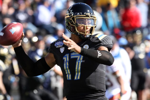 UCLA quarterback Brett Hundley throws a pass against Virginia Tech during the Sun Bowl NCAA college football game on Tuesday Dec. 31, 2013. (AP Photo/Victor Calzada)