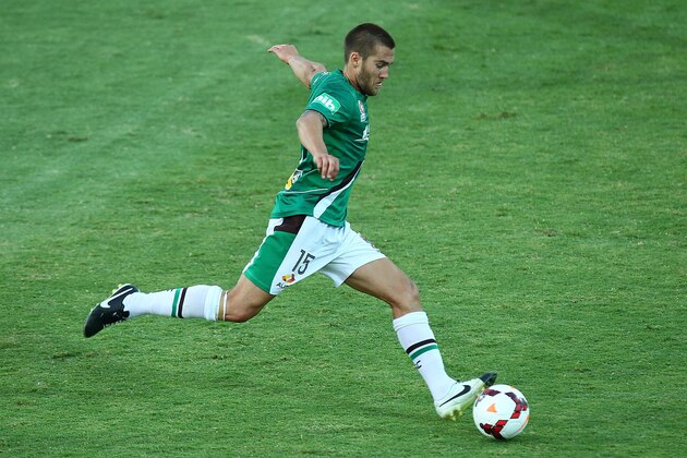 PERTH, AUSTRALIA - MARCH 30: Joshua Brillante of the Jets kicks the ball during the round 25 A-League match between Perth Glory and the Newcastle Jets at nib Stadium on March 30, 2014 in Perth, Australia.  (Photo by Will Russell/Getty Images)