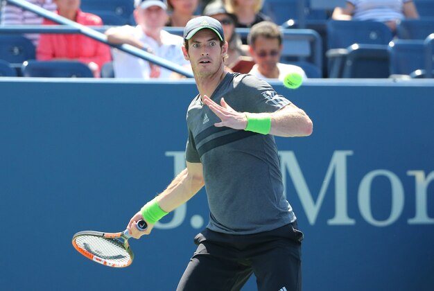 Aug 25, 2014; New York, NY, USA;  Andy Murray (GBR) returns a shot to Robin Hasse (NED) on Armstrong Stadium on day one of the 2014 U.S. Open tennis tournament at USTA Billie Jean King National Tennis Center. Mandatory Credit: Anthony Gruppuso-USA TODAY Sports