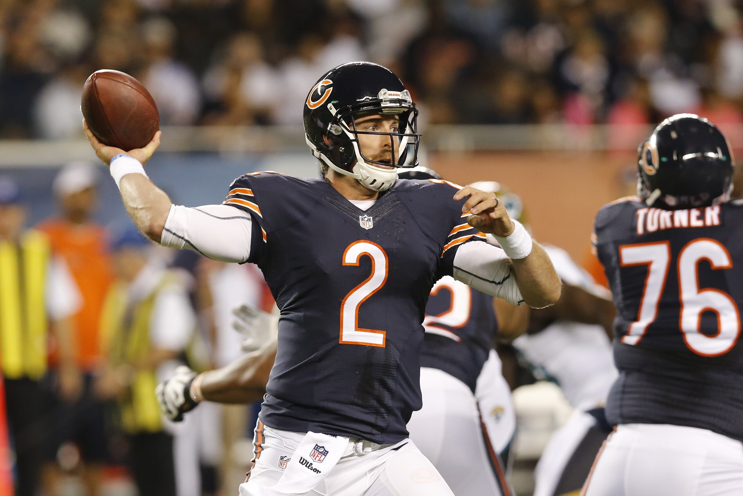 Chicago Bears quarteback Jordan Palmer (2) passes against the Jacksonville Jaguars during the second half of an NFL preseason football game in Chicago, Thursday, Aug. 14, 2014. (AP Photo/Charles Rex Arbogast) Chicago Bears quarteback Jordan Palmer (2) passes against the Jacksonville Jaguars during the second half of an NFL preseason football game in Chicago, Thursday, Aug. 14, 2014. (AP Photo/Charles Rex Arbogast)