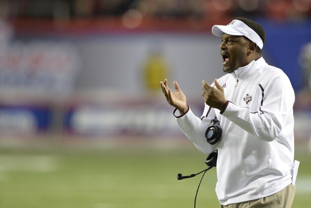 Dec 31, 2013; Atlanta, GA, USA; Texas A&M Aggies head coach Kevin Sumlin reacts on the sideline against the Duke Blue Devils during the second quarter in the 2013 Chick-fil-a Bowl at the Georgia Dome. Mandatory Credit: John David Mercer-USA TODAY Sports