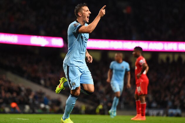 MANCHESTER, ENGLAND - AUGUST 25:  Stevan Jovetic of Manchester City celebrates scoring the opening goal during the Barclays Premier League match between Manchester City and Liverpool at the Etihad Stadium on August 25, 2014 in Manchester, England.  (Photo by Laurence Griffiths/Getty Images)