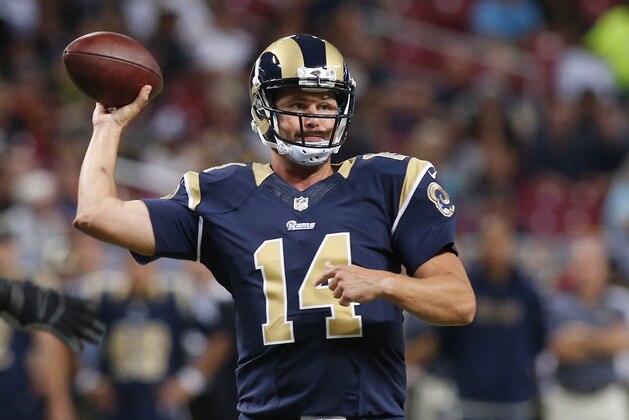 St. Louis Rams quarterback Shaun Hill passes against the New Orleans Saints in the first quarter of a preseason NFL football game Friday, Aug. 8, 2014, in St. Louis. (AP Photo/Scott Kane)
