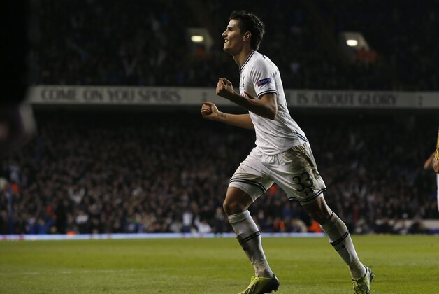 Tottenham's Erik Lamela celebrates his goal during the Europa League Group K soccer match between Tottenham Hotspur and FC Sheriff at White Hart Lane stadium, London, Thursday, Nov. 7, 2013.  (AP Photo/Matt Dunham)
