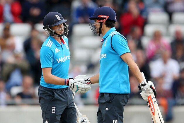 BIRMINGHAM, ENGLAND - JUNE 03:  England's Alastair Cook celebrates his half century  with Joe Root during the 5th ODI: Royal London One Day International at Edgbaston on June 3, 2014 in Birmingham, England.  (Photo by Scott Heavey/Getty Images)
