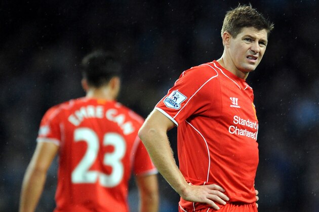 Liverpool's Steven Gerrard during the English Premier League soccer match between Manchester City and Liverpool at the Etihad Stadium, in Manchester, England, Monday, Aug. 25, 2014. (AP Photo/Rui Vieira)