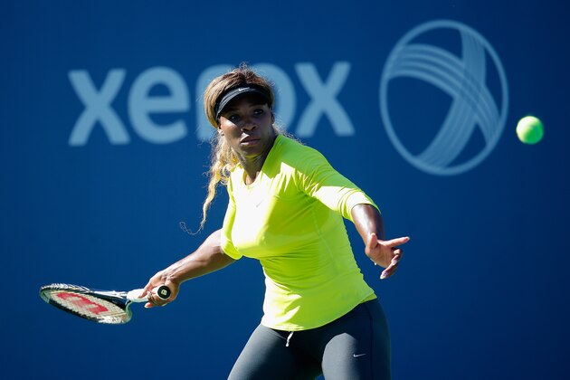 NEW YORK, NY - AUGUST 24:  Serena Williams of the United States practices prior to the start of the 2014 U.S. Open at the USTA Billie Jean King National Tennis Center on August 24, 2014 in the Flushing neighborhood of Queens in New York City.  (Photo by Chris Trotman/Getty Images for USTA)