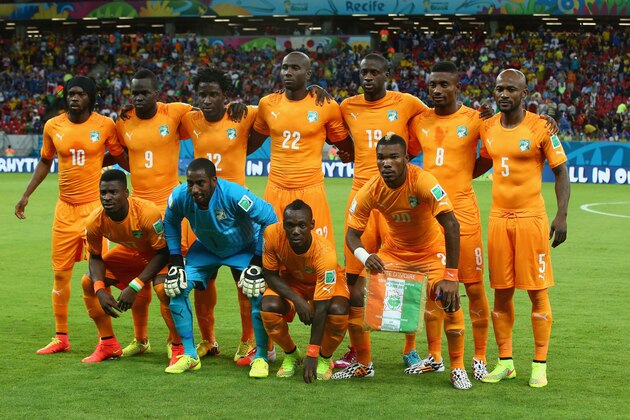 RECIFE, BRAZIL - JUNE 14:  The Ivory Coast pose for a team photo before the 2014 FIFA World Cup Brazil Group C match  between the Ivory Coast and Japan at Arena Pernambuco on June 14, 2014 in Recife, Brazil.  (Photo by Mark Kolbe/Getty Images)