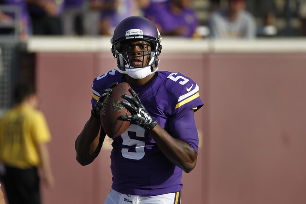 Minnesota Vikings quarterback Teddy Bridgewater throws before a exhibition NFL football game at TCF Bank Stadium in Minneapolis, Friday, Aug. 8, 2014.  (AP Photo/Ann Heisenfelt)