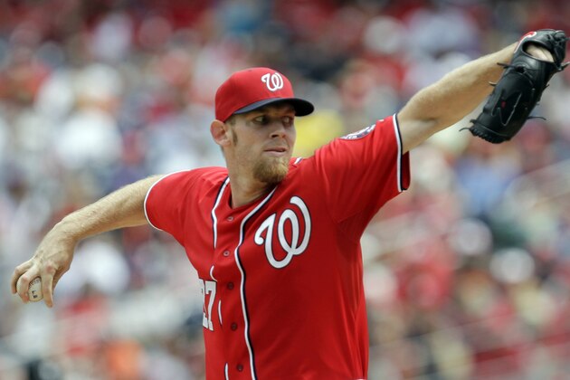 Washington Nationals pitcher Stephen Strasburg delivers during the first inning of a baseball game against the San Francisco Giants, Sunday, Aug. 24, 2014, in Washington. (AP Photo/Luis M. Alvarez)